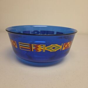 Vintage Arcoroc France Cobalt Kente Flag Trim Serving Bowl 8.75"